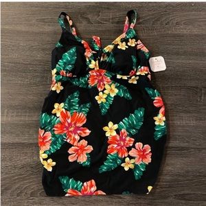 NEW! Isabel Maternity Floral Tankini Swim Top Black w/colored Hibiscus flowers
